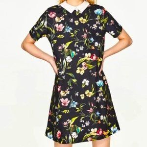 Zara Trafaluc Multi-colored All-over Print Floral Shift White Collared Dress, S